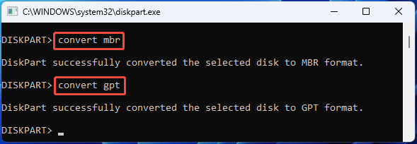 screenshot showing DiskPart Convert MBR or GPT command