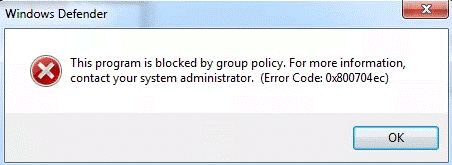 The prompted window of Windows Defender with error code 0x800704ec.