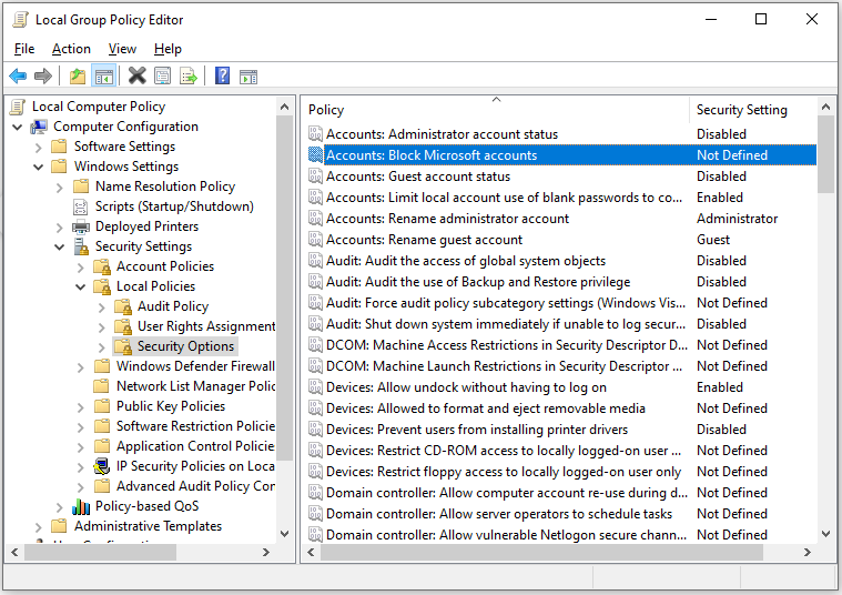 Local Group Policy Editor with highlighted Accounts Block Microsoft accounts policy.