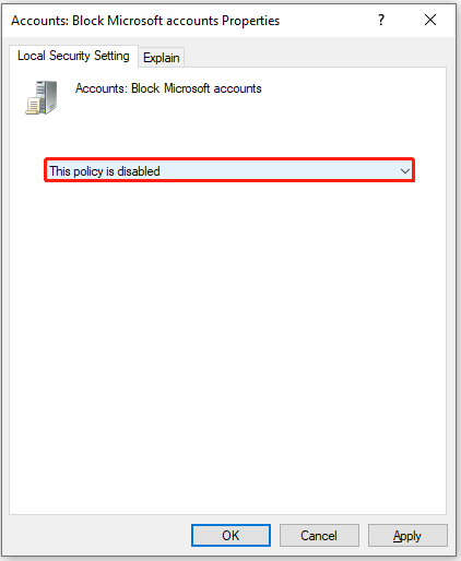 Account Block Microsoft accounts Properties window with selected This policy is disabled.