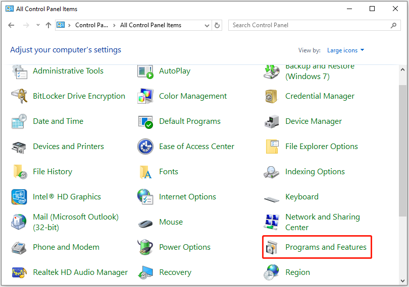 All Control Panel Items page with selected Program and Features.