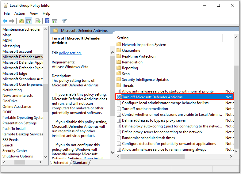 Local Group Policy Editor with selected Turn off Microsoft Defender Antivirus.