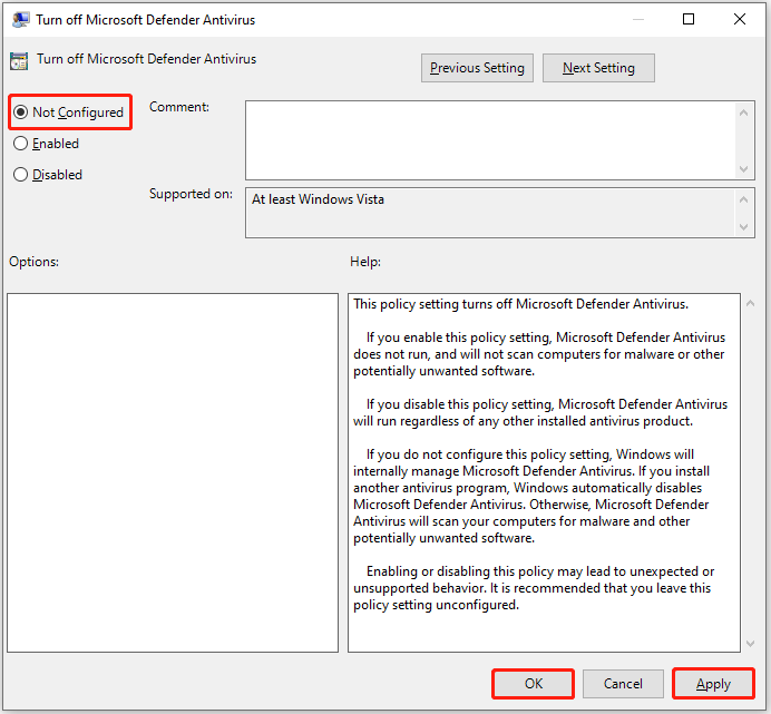 The Turn off Microsoft Defender Antivirus window with selected Not Configured, Apply, and OK.