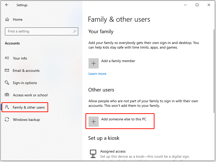 The interface of Settings with selected Family and other users and Add someone else to this PC.