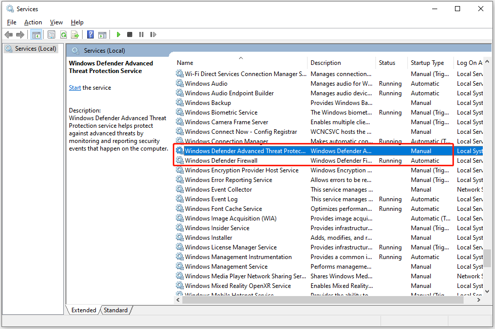 Services window with selected Windows Defender Advanced Threat Protection Service and Windows Defender Firewall.