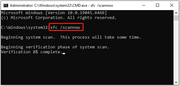 Command Prompt window with SFC command.