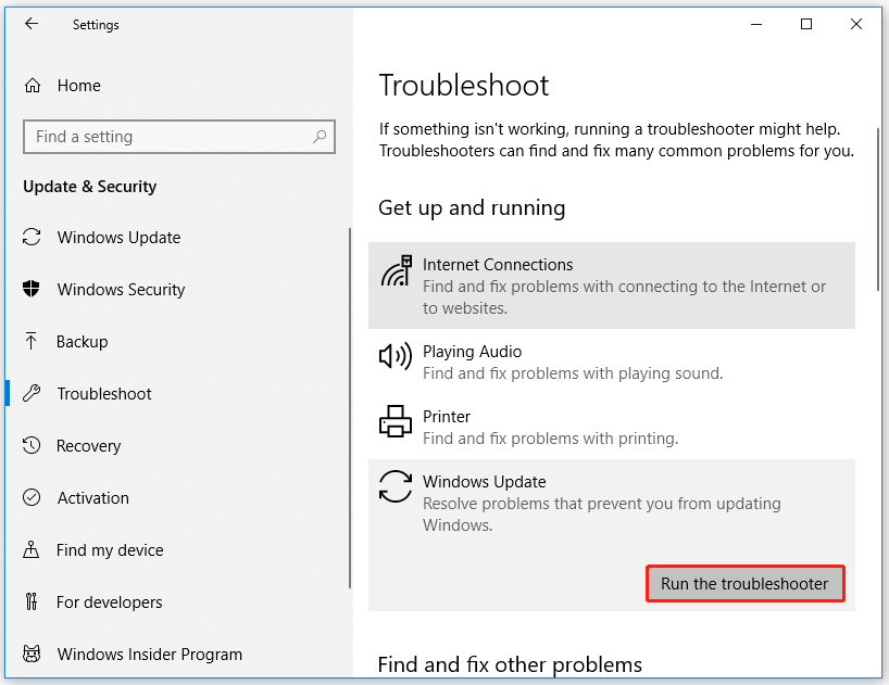fare clic sul pulsante Esegui lo strumento di risoluzione dei problemi