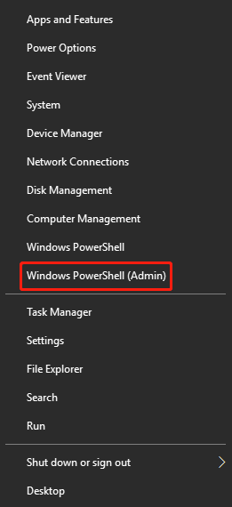 seleziona l'opzione Windows PowerShell (amministratore)