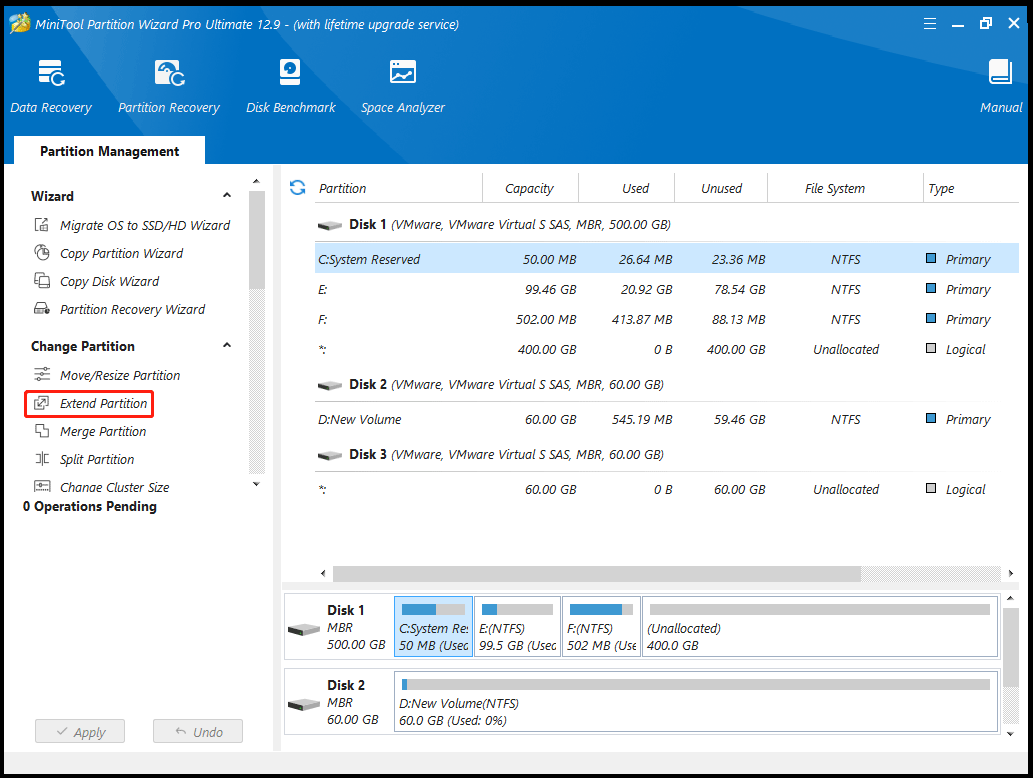 fare clic su Estendi partizione in MiniTool Partition Wizard