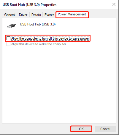 uncheck the box for Allow the computer to turn off this device to save power
