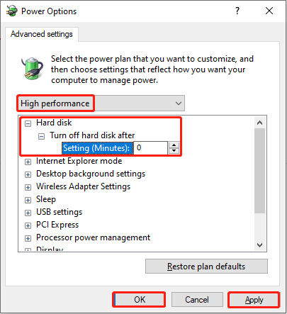 type 0 in the Turn off hard disk after box