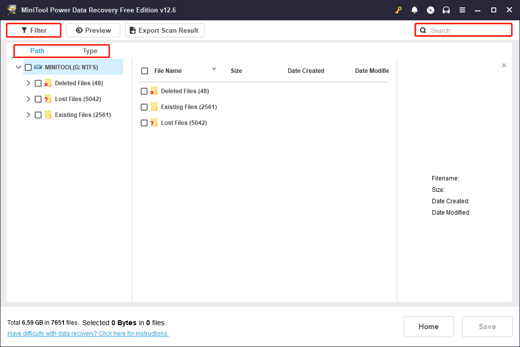 find the target files using Path, Type, Filter, and Search in MiniTool Power Data Recovery