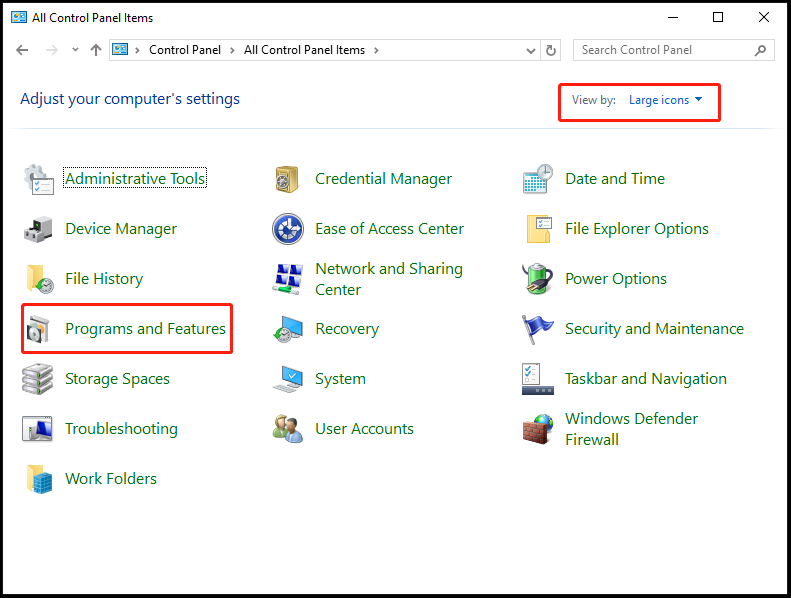The interface of Control Panel with selected Programs and Features and View by.