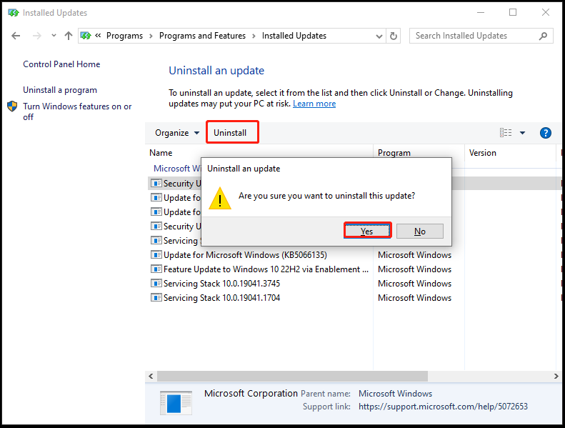 The installed Updates page with selected Uninstall and Yes.