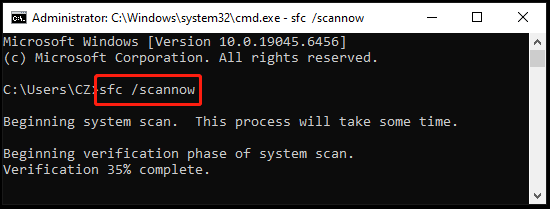 Command Prompt window with SFC command.
