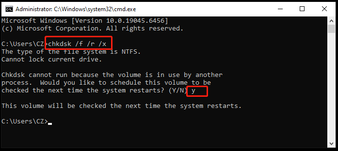 Command Prompt window with selected CHKDSK command and Y.