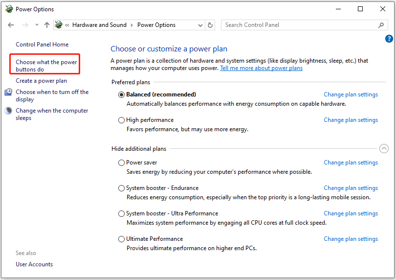 Power Options page with selected Choose what the power buttons do.