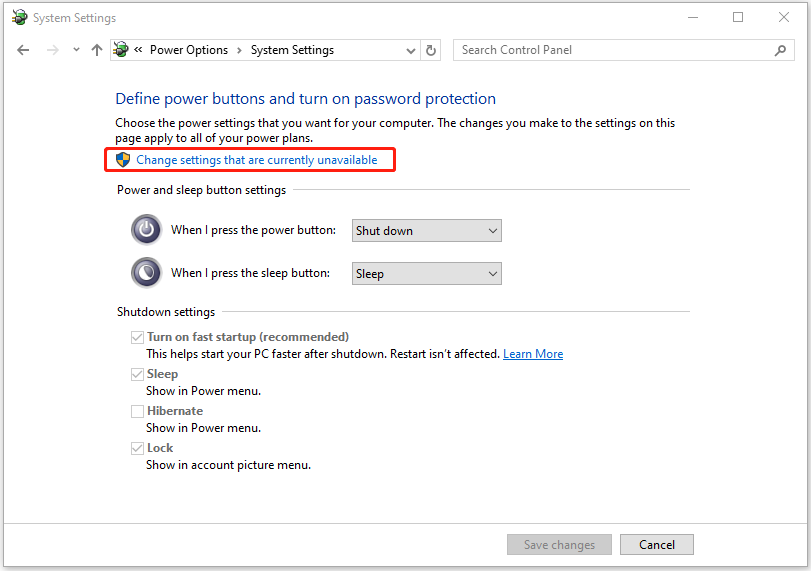 System Settings page with selected Change settings that are currently unavailable.