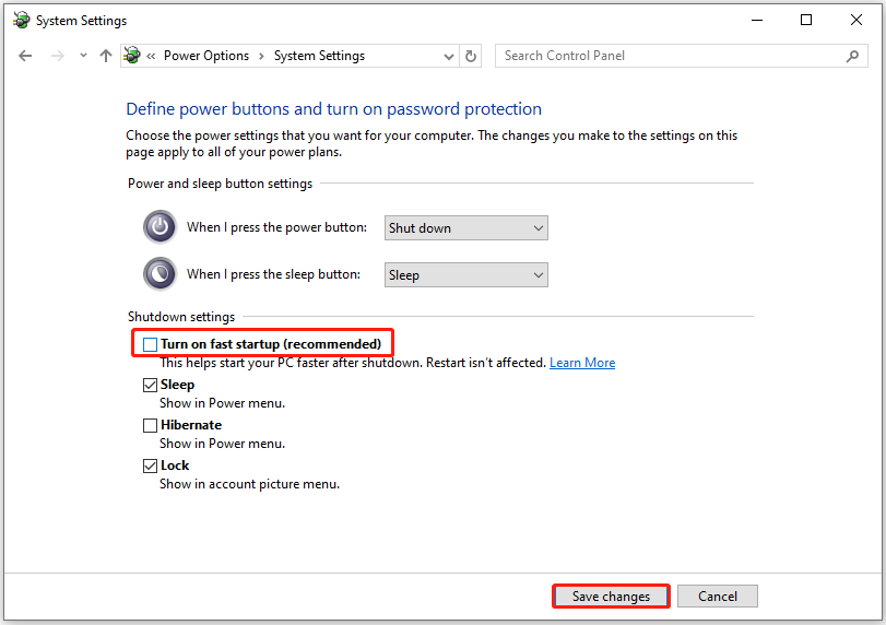 System Settings page with selected Turn on fast startup (recommended) and Save changes.