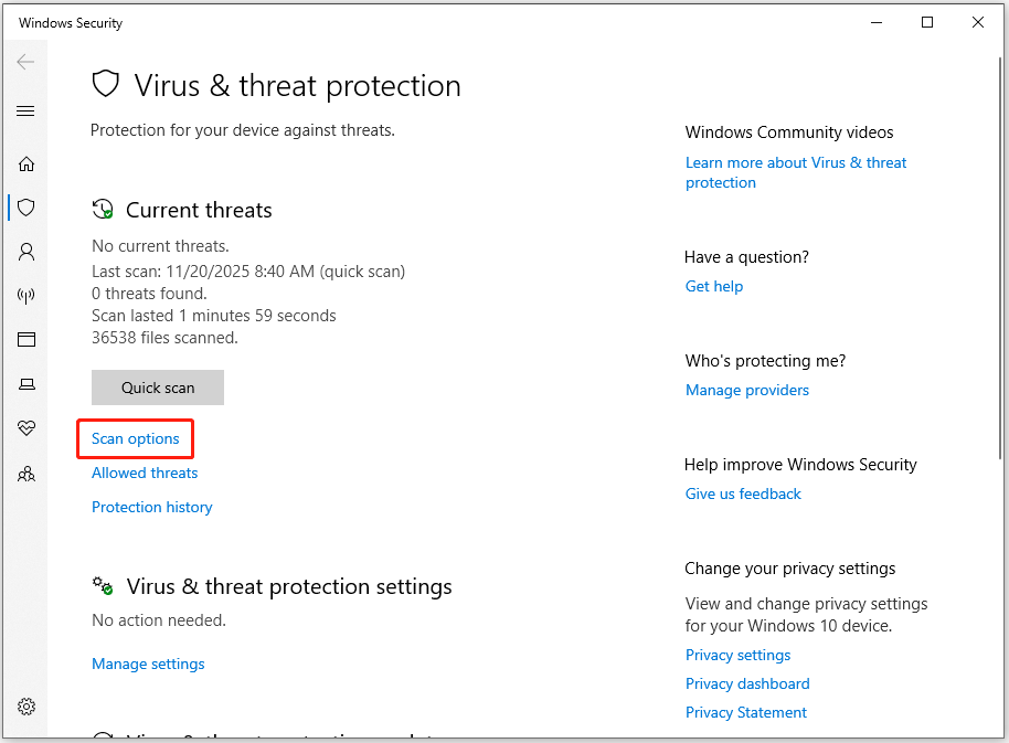 The Virus & threat protection page with selected Scan options.