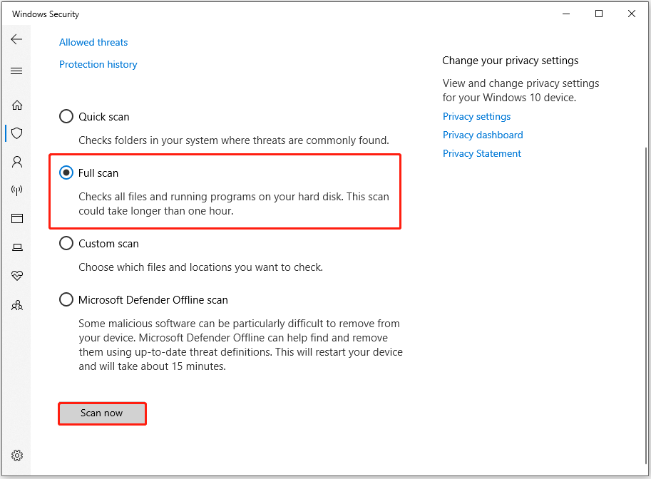 The interface of Windows Security with selected Full scan and Scan now.