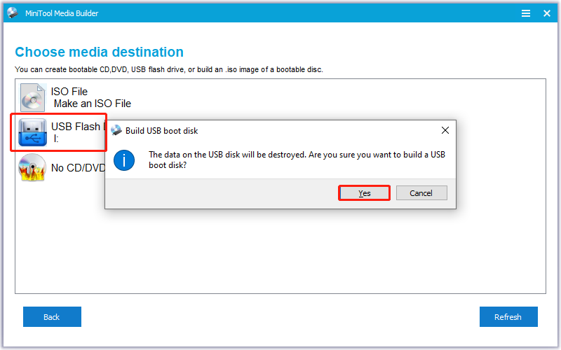 MiniTool Media Builder window with selected USB Flash Disk and Yes.