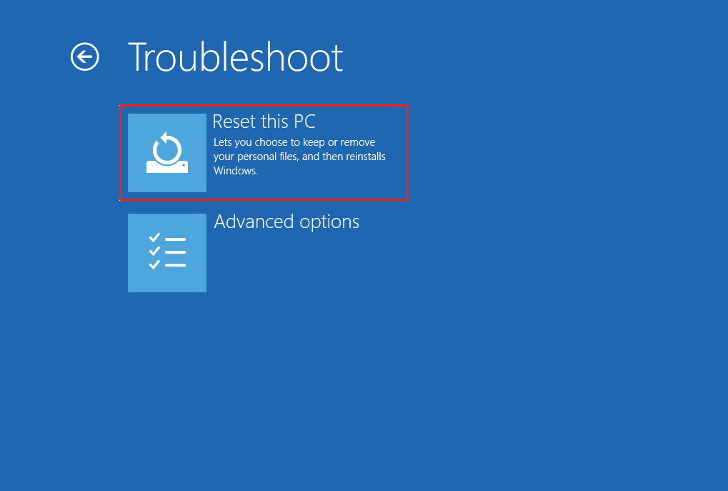 Reset this PC is selected in the Troubleshoot screen of WinRE environment.