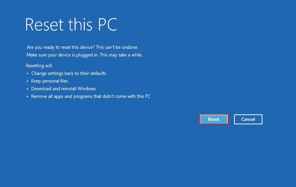 Reset is selected in the Reset this PC screen of the WinRE environment.