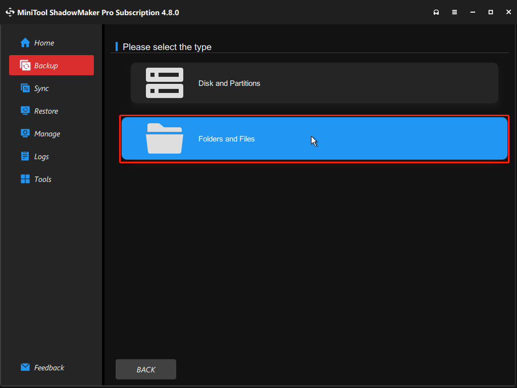 The interface of MiniTool ShadowMaker with selected Folders and Files.