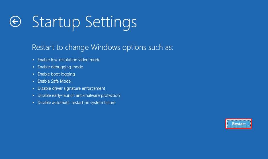 The Startup Settings screen in the WinRE environment with selected Restart.