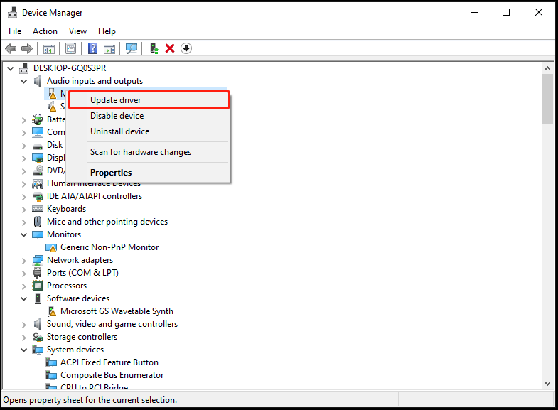Device Manager with selected Update driver.