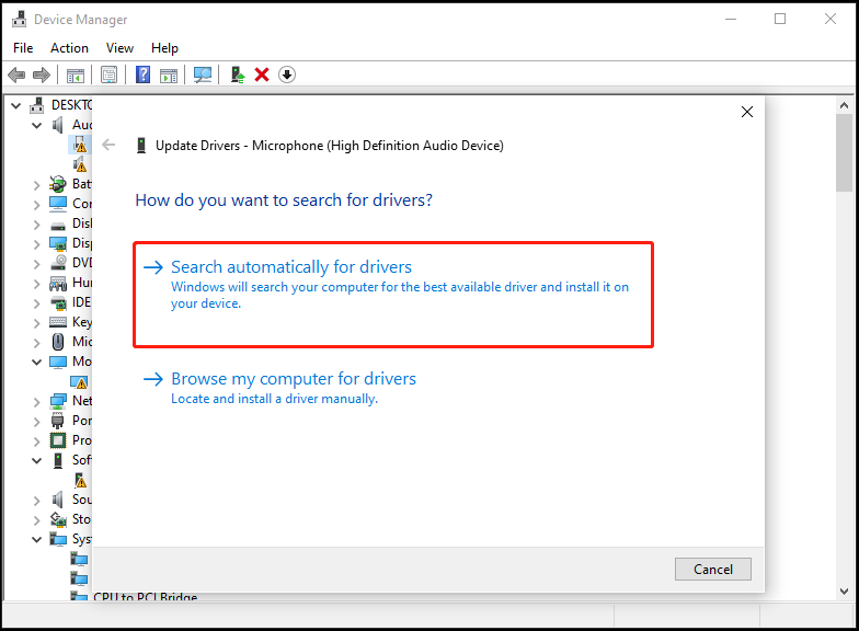 Device Manager with selected Search automatically for drivers.