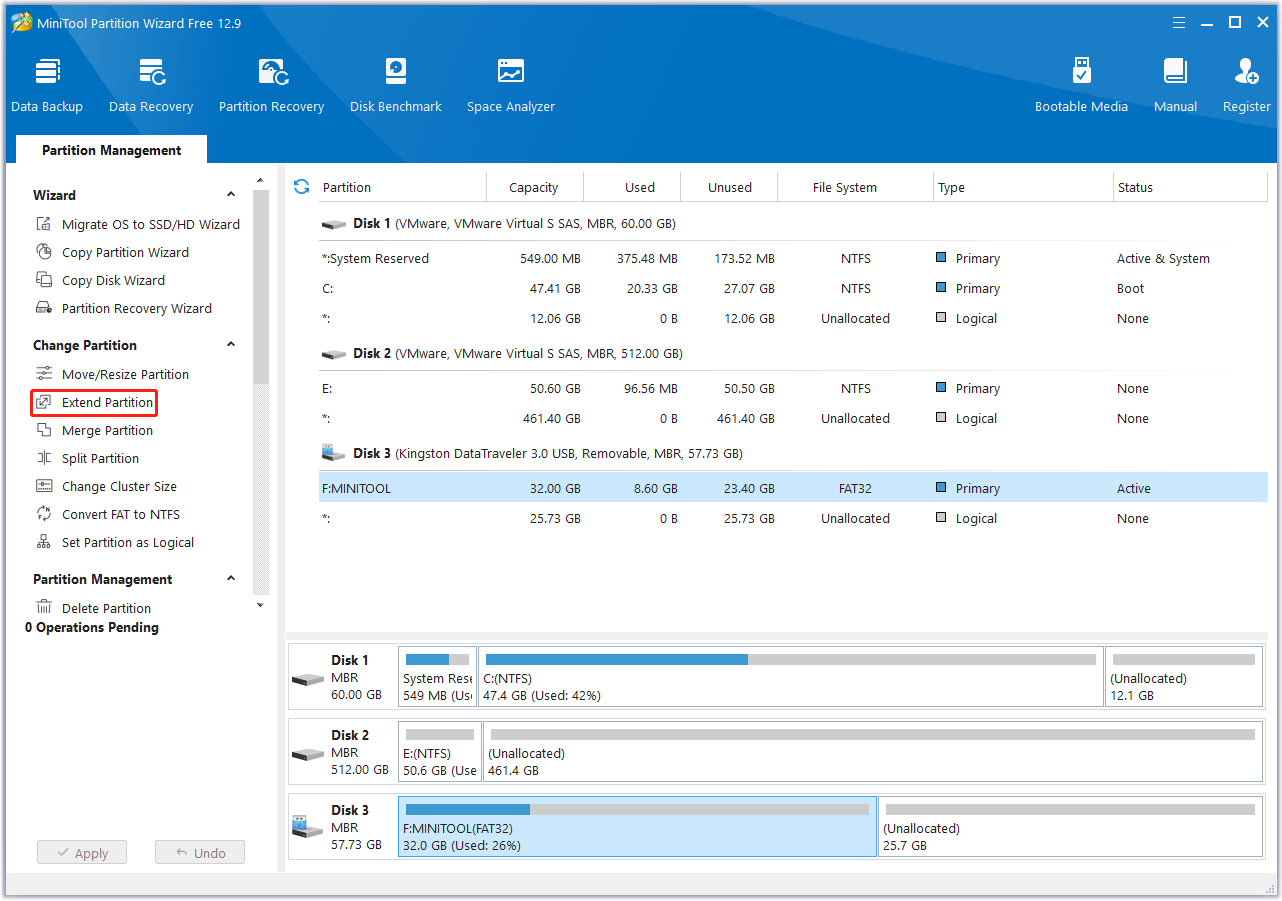 seleziona Estendi partizione per ingrandire la partizione in MiniTool Partition Wizard