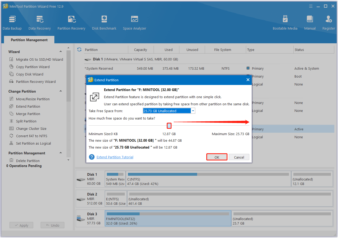 trascina il cursore blu verso destra per riempire l'unità USB in MiniTool Partition Wizard