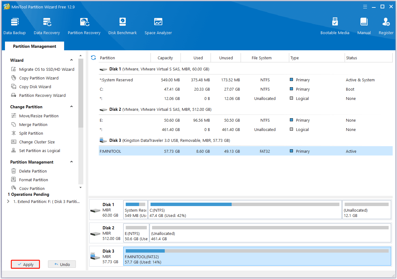 fare clic su Applica per completare l'operazione in sospeso