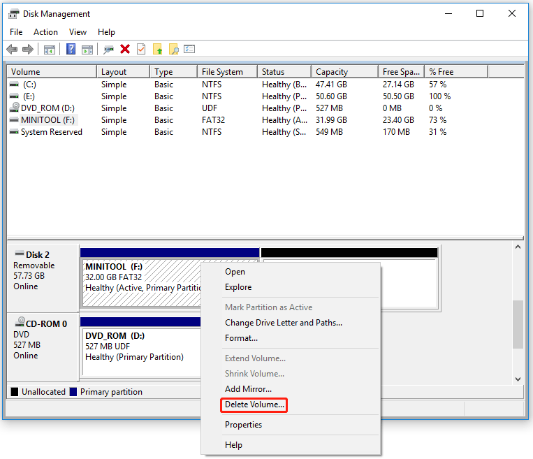 seleziona Elimina volume in Gestione disco