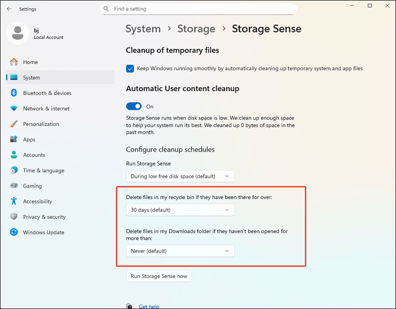 change the settings of Temporary Files