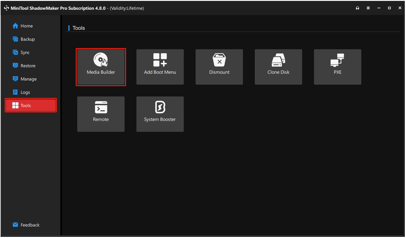 Media Builder is selected in the interface of MiniTool ShadowMaker