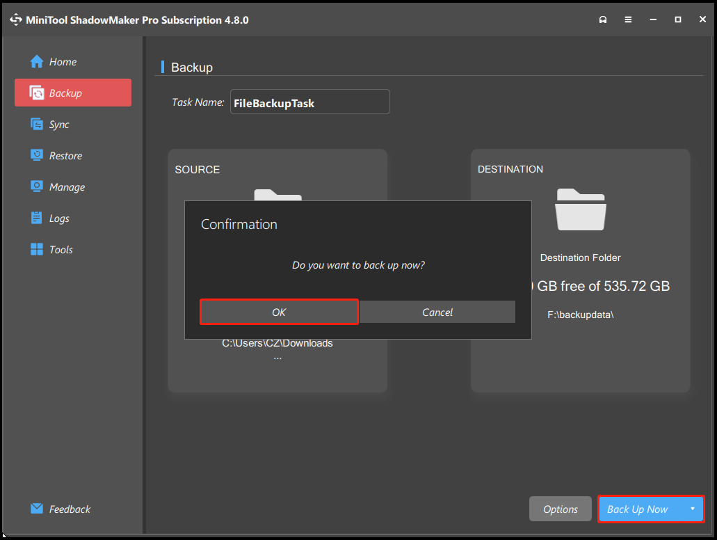 Back Up Now and OK are selected in the interface of MiniTool ShadowMaker