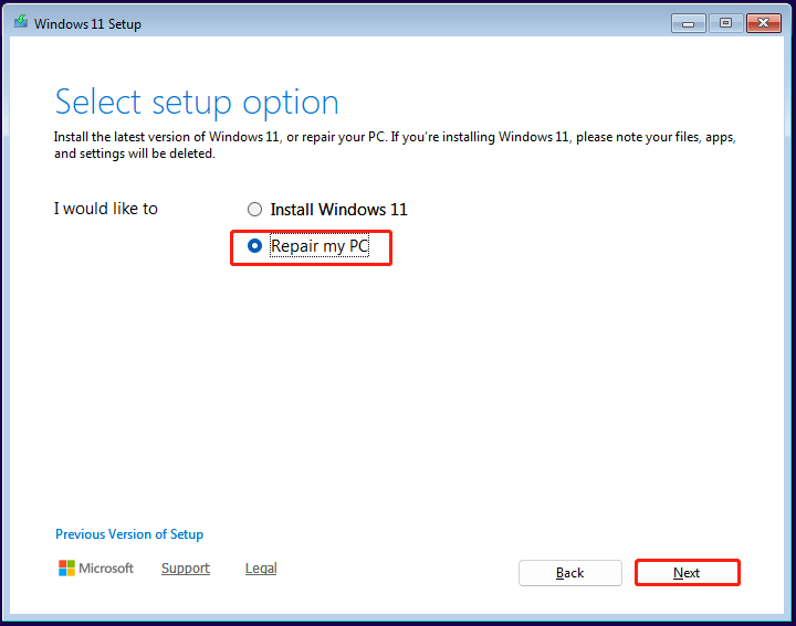 Repair my PC and Next are selected in the interface of Windows 11 Setup