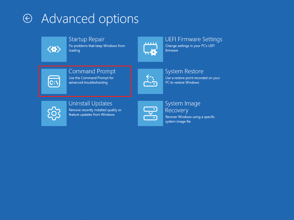 Command Prompt is selected in the Advanced options screen of the WinRE environment