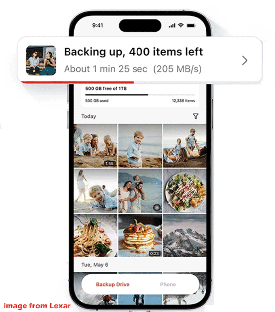 automatic backup via Lexar app to TouchLock Portable SSD