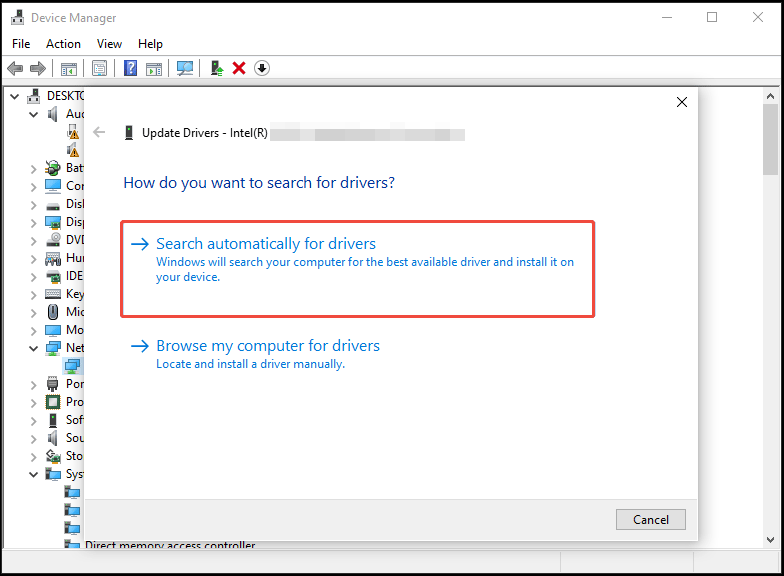 search automatically for drivers in Device Manager