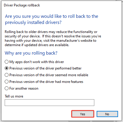 why are you rolling back a driver in Device Manager