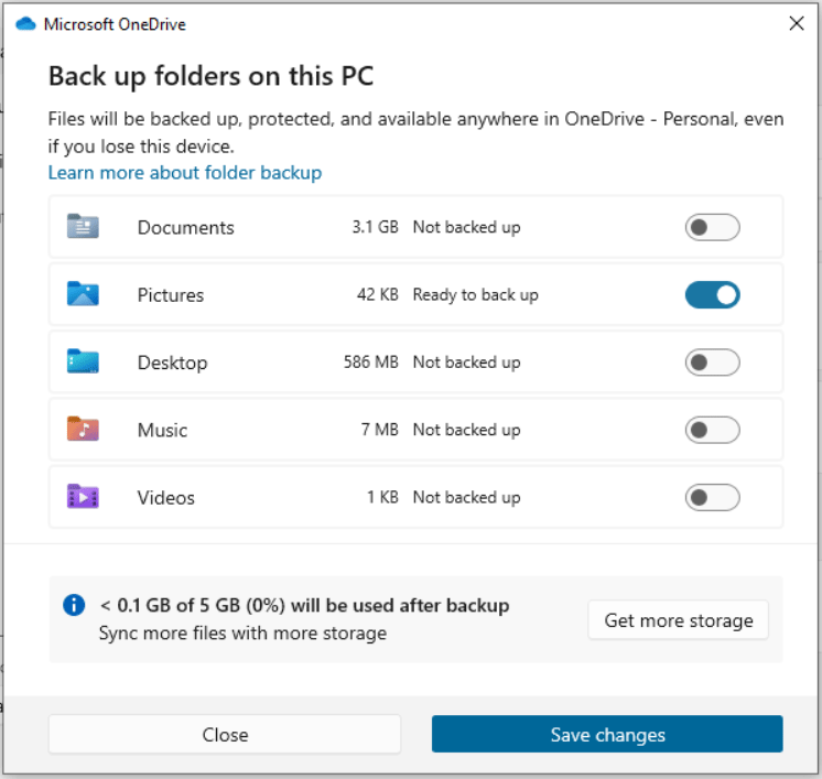 back up folders to OneDrive