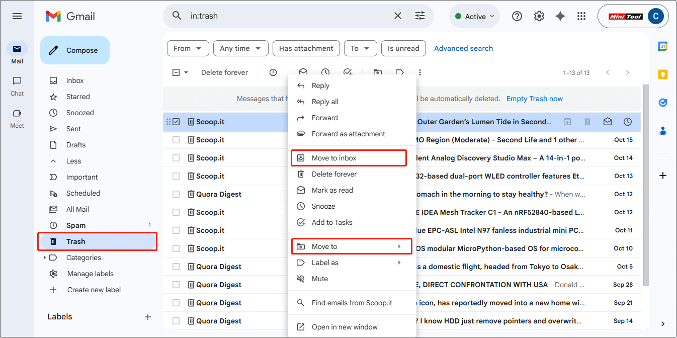 click “Move to inbox” or “Move to” from the menu