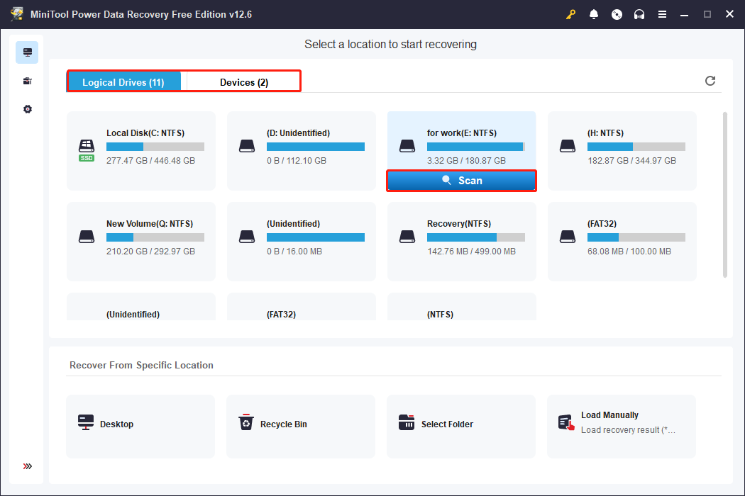 choose a scan location and click Scan in MiniTool Power Data Recovery