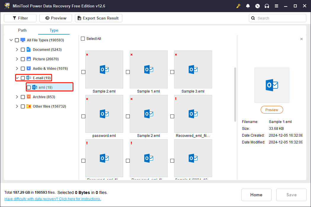 switch to Type and expand E-mail and eml in MiniTool Power Data Recovery