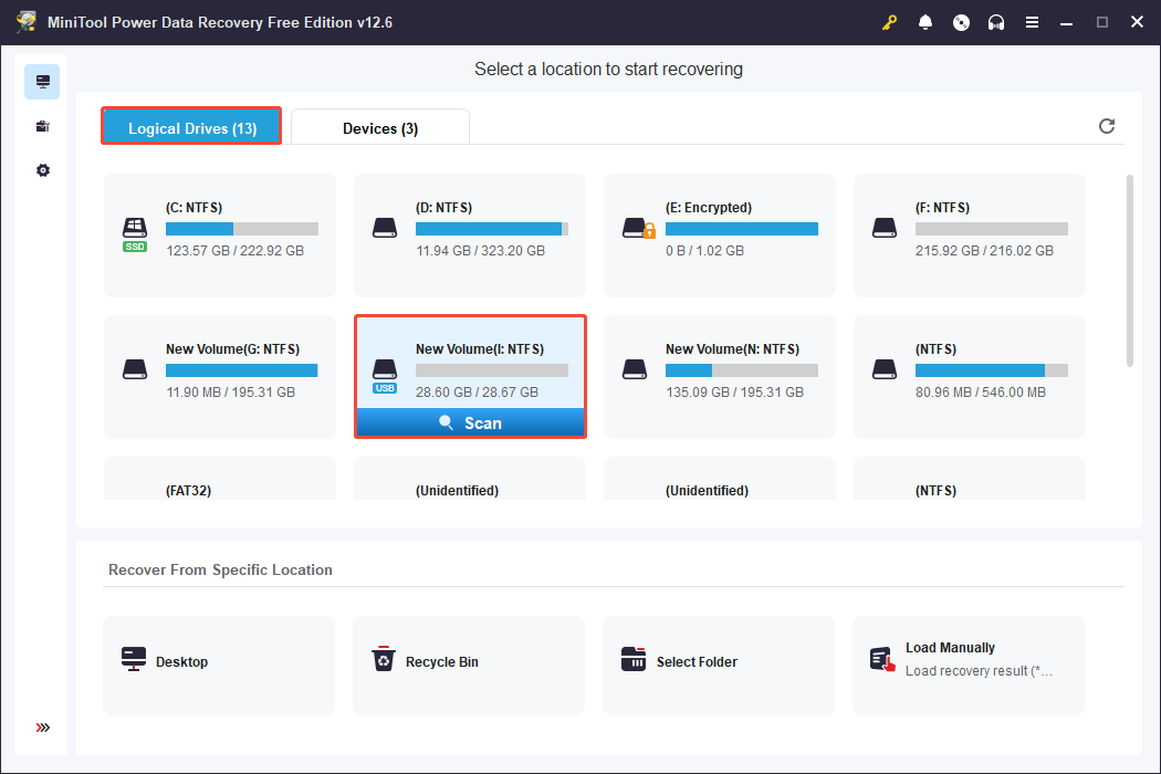 the main interface of MiniTool Power Data Recovery to scan the target partition