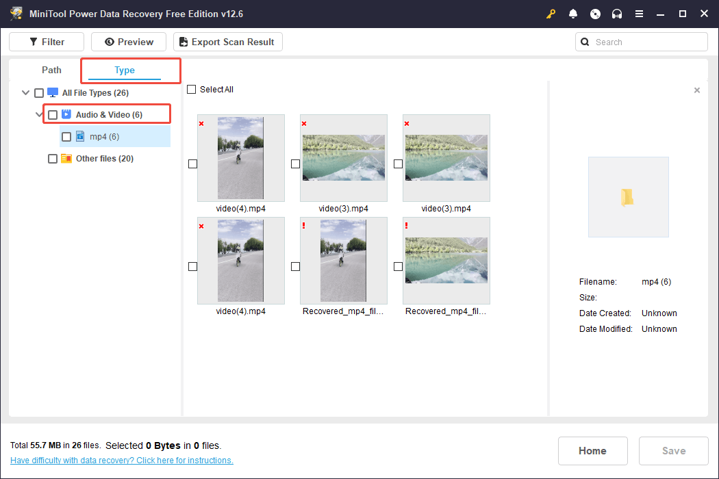 the Audio & Video interface of MiniTool Power Data Recovery to see videos